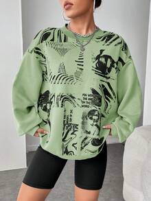 SHEIN EZwear 人物和標語圖案落肩袖運動衫 - 薄荷綠 - 查看 3