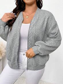 SHEIN Frenchy 大碼落肩袖拉鏈開襟飛行員夾克 - 灰色 - 查看 3