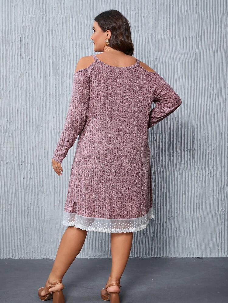 Plus Cold Shoulder Contrast Dobby Mesh Hem Dress