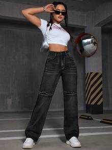 SHEIN EZwear Cao eo Quần ống loe - màu đen - Xem 6