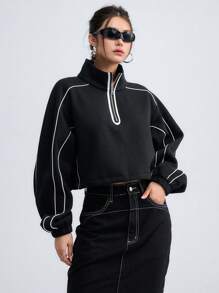 DAZY Contrast Piping Half Zip Drop Shoulder Crop Sweatshirt - Black - View 5