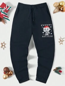 RueChic Men Christmas Print Drawstring Waist Sweatpants - Black - View 1