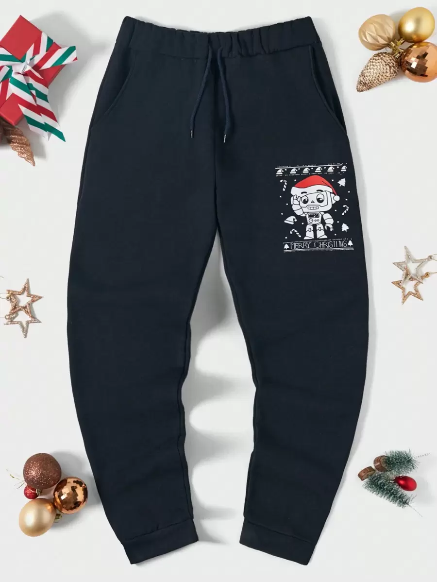 RueChic Men Christmas Print Drawstring Waist Sweatpants - Black - View 1