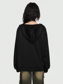 ROMWE 骷髏頭圖案拉鏈開襟抽繩連帽衫 - 黑色 - 查看 3