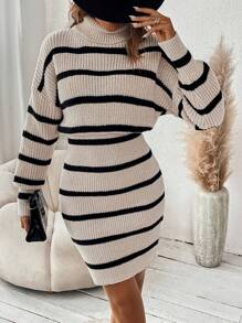 Chiquease Striped Pattern Drop Shoulder Sweater Dress - Khaki - View 5
