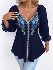 SHEIN LUNE 大碼印花喇叭袖T恤 - 藏蓝色 - 查看 6