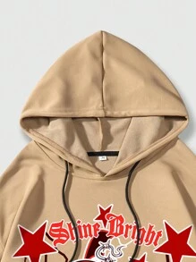 ROMWE MEN Grunge Punk 男士愛心和標語圖案抽繩連帽衫 - 卡其色 - 查看 5