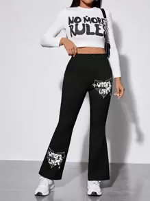 SHEIN PETITE Letter Graphic Flare Leg Pants - Black - View 3