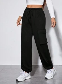 SHEIN PETITE Solid Drawstring Waist Flap Pocket Side Cargo Pants - Black - View 3