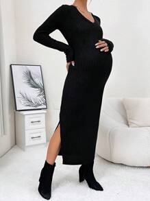 SHEIN Thai sản Đồ đan Ribbed Tách đùi Đầm - màu đen - Xem 1