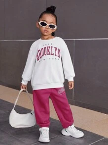 SHEIN 女小童字母圖案落肩袖衛衣和衛褲 - 玫紅色 - 查看 1