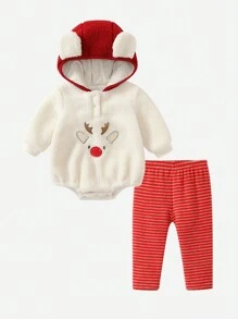 女嬰卡通刺繡3D耳朵設計連帽連體衣&條紋圖案長褲 - 杏色 - 查看 1