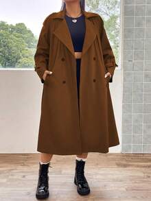 Flirla Hơn Cổ áo Đôi ngực Áo khoác Trench - màu nâu - Xem 4