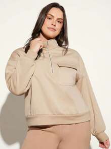 SHEIN BASICS 大碼舒適搖粒絨翻蓋口袋落肩袖運動衫 - 杏色 - 查看 4