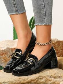 秋冬女士高跟乐福鞋，时尚方头，黑色休闲粗跟复古链条穆勒鞋，优雅