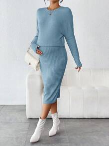 SHEIN للأمومة اكمام جناح الخفاش تي شيرت & بخصر قابل للتعديل تنورة - الأزرق - مشاهدة 5