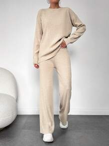 EURMUSE Drop Shoulder Sweater & Knit Pants - Beige - View 2