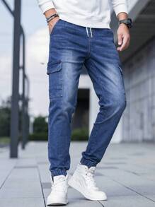Manfinity Homme Men Flap Pocket Drawstring Waist Cargo Jeans Slim Fit Long Washed Denim Joggers Jean Plain Dark Blue Going Out Casual Friends Commute Urban Street Work Going Out - Medium Wash - View 4