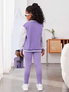 青少年女孩字母圖案條紋飾邊落肩袖飛行員夾克&緊身打底褲&背心上衣