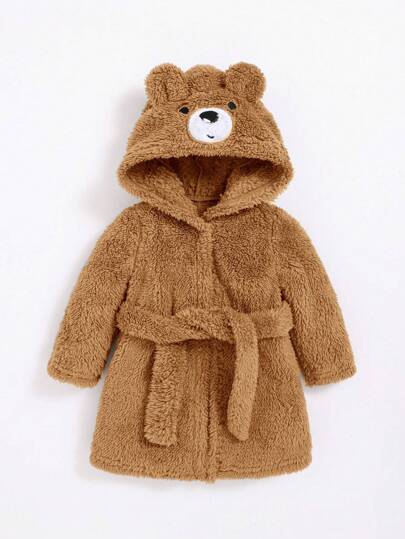 SHEIN 男婴童卡通刺繡3D耳朵設計連帽腰帶絨毛睡袍