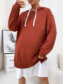 SHEIN Maternity 1pc Two Tone Drop Shoulder Drawstring Hooded Nursing Dress - Brown - View 5