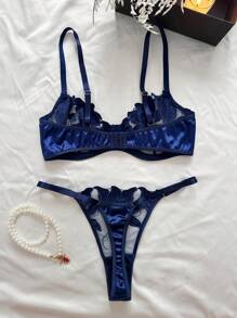Women's Embroidered Mesh Contrast Sexy Lingerie Set - Blue - View 2