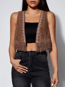 SHEIN PETITE Geo Embroidery Fringe Hem Vest Jacket - Brown - View 3