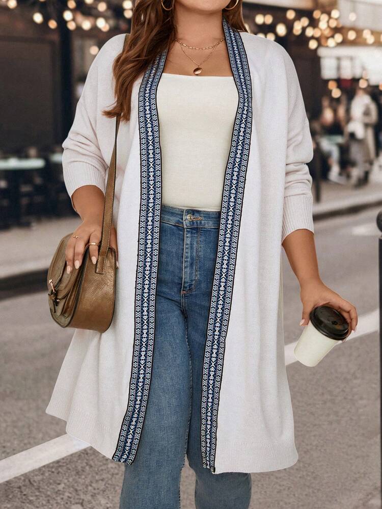 Plus Size Contrast Tape Trim Drop Shoulder Cardigan