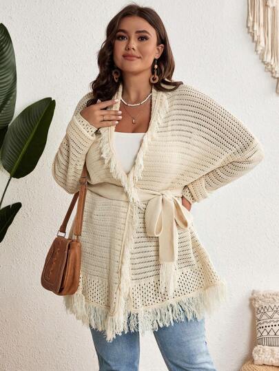 SHEIN VCAY Plus Size Cardigan With Fringe Detail And Waist Belt