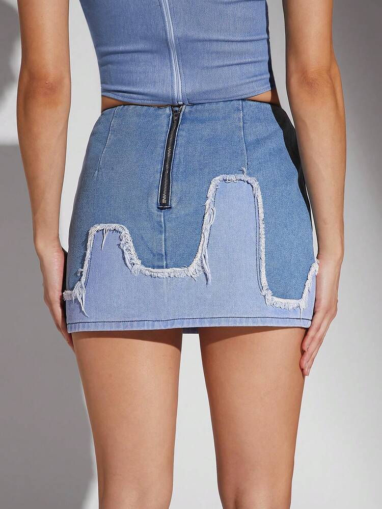 Casual Wave Colorblock Frayed Mini Denim Skirt