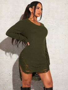 SHEIN SXY Ripped High Low Hem Sweater Dress Without Belt In Fall/Winter - Army Green - View 1