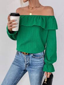 SHEIN Frenchy 一字肩荷葉袖荷葉邊襯衫 - 綠色 - 查看 1