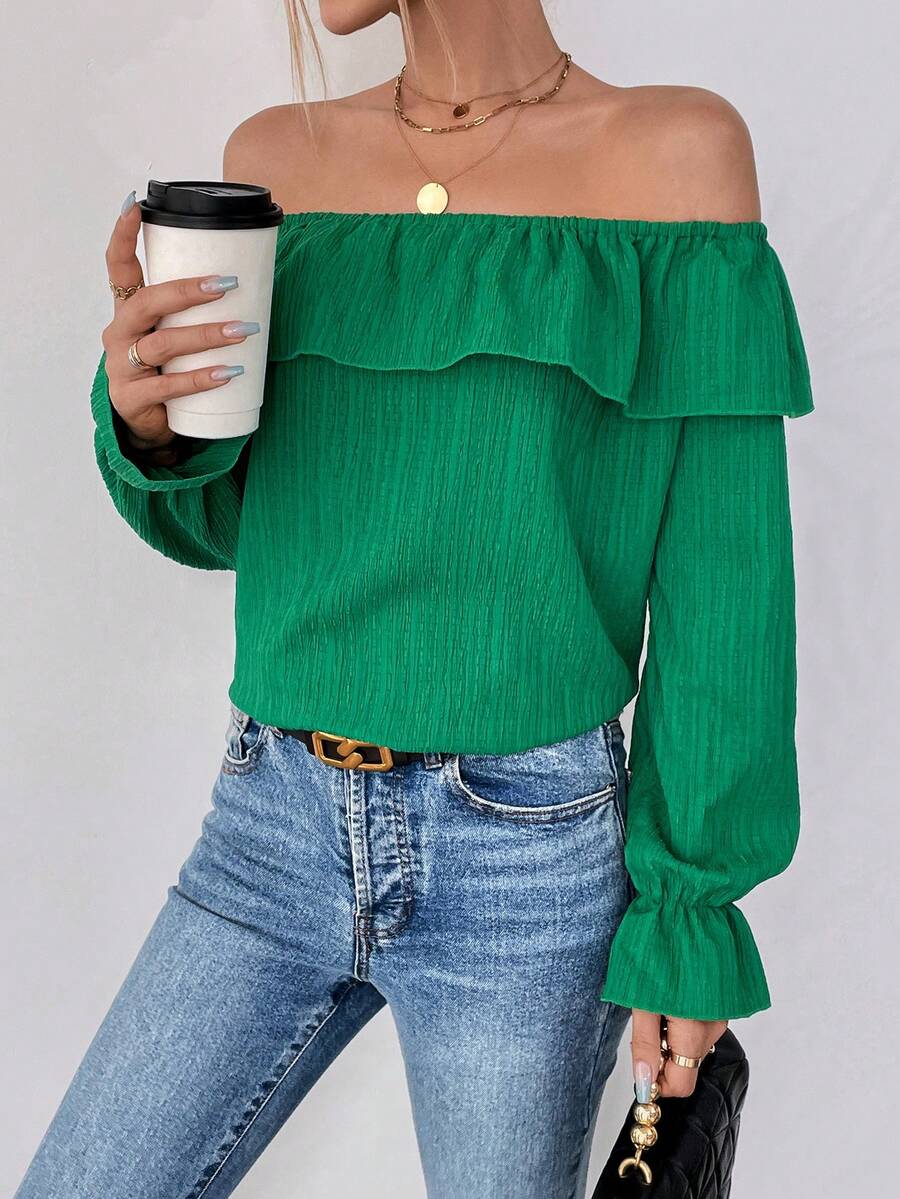 SHEIN Frenchy Off Shoulder tay áo lá sen Viền Ruffle Áo sơ mi - màu xanh lá - Xem 1