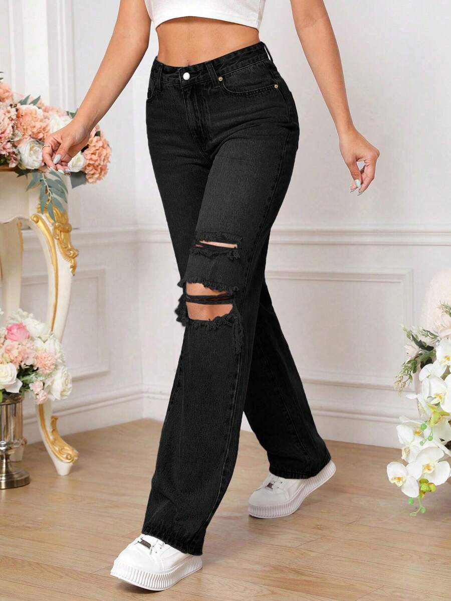 SHEIN Tall 破洞直筒牛仔褲 - 黑色 - 查看 1
