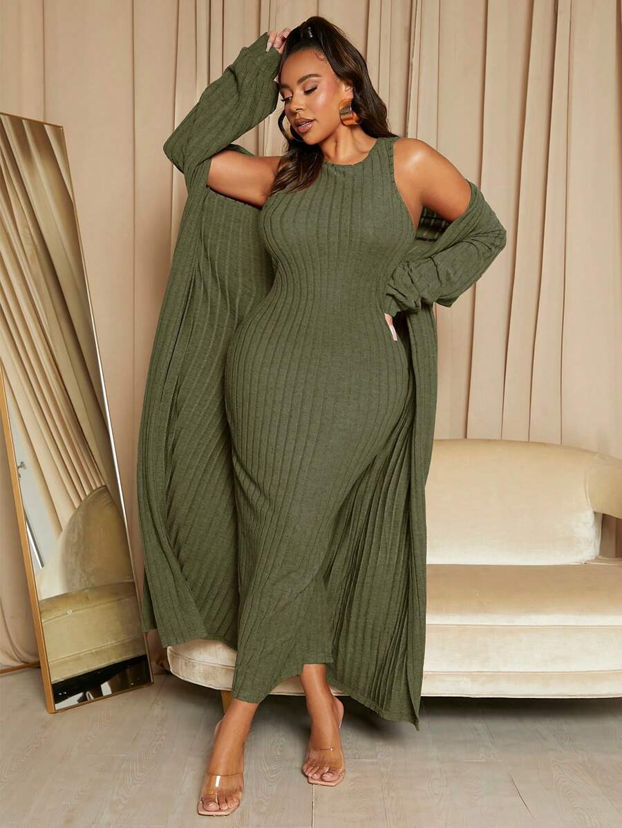 SHEIN SXY Plus Solid Tank Dress & Open Front Coat