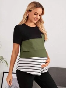 SHEIN 孕婦條紋印花撞色補丁貼口袋哺乳細節T恤 - 軍綠色 - 查看 3