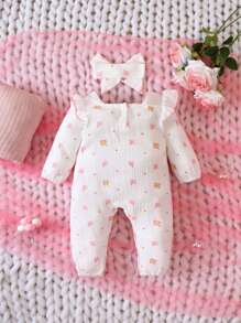 Baby Girl Floral Print Ruffle Trim Jumpsuit & Headband - White - View 2