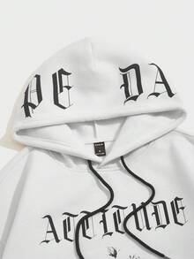 Manfinity RebelGame Men Slogan & Floral Print Drop Shoulder Drawstring Hoodie - Beige - View 3