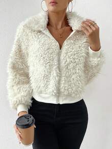 SHEIN Essnce Dây kéo 	
Fuzzy Áo khoác - Màu be - Xem 4
