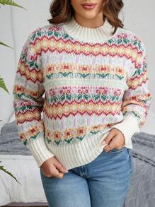 Calvaya Plus Geo Pattern Drop Shoulder Sweater Knit Pullover Fall Winter Sweater - Multicolor - View 5