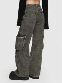 ROMWE Grunge Punk Pantalones vaqueros tipo cargo para novio con bolsillos con solapa y estampado de estrellas, para la escuela
