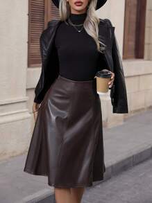Chiquease 高腰PU皮革A字半身裙 - 棕色 - 查看 1