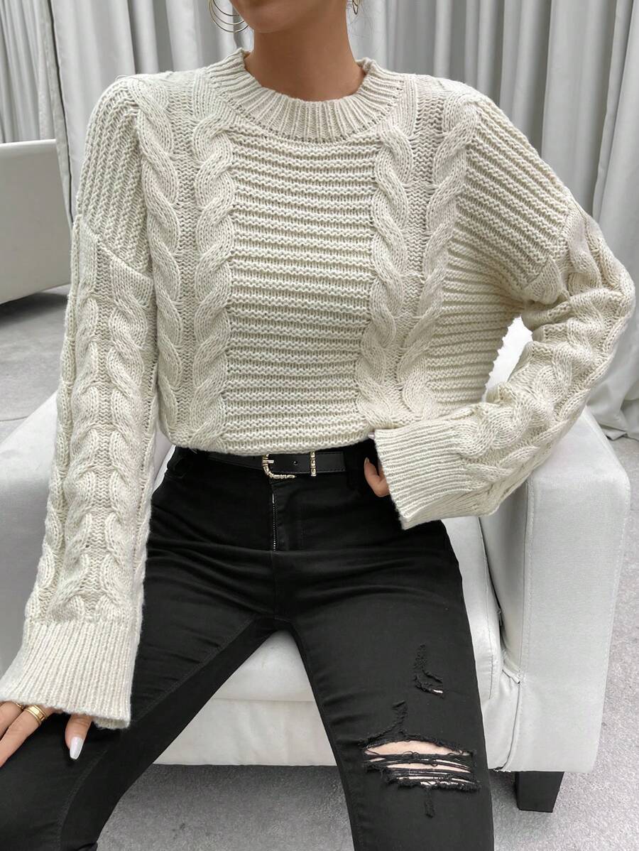 Chiquease 麻花针织落肩套头衫秋冬毛衣 - 杏色 - 查看 1