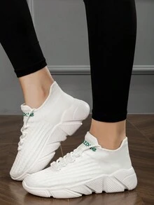 女士针织袜式运动鞋，一脚蹬高跟运动鞋，低帮轻便时尚跑鞋，适合所有季节