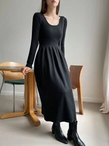 DAZY Chất rắn Scoop Cổ Đầm Áo len - màu đen - Xem 6