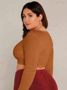 SHEIN BASICS Plus Scoop Neck Crop Tee - Khaki - View 2