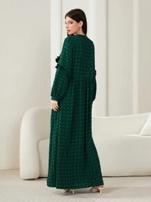 Al Najma Swiss Dot Tie Neck Ruffle Trim Dress - Green - View 2