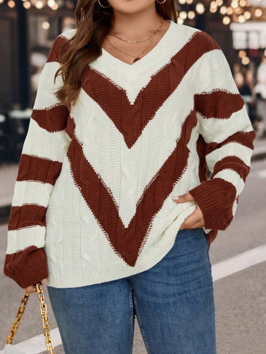 SHEIN LUNE 大碼鋸齒圖案落肩袖套頭毛衣 - 彩色 - 查看 1