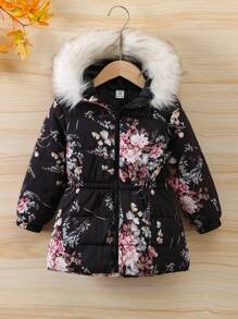 SHEIN Young Girl Floral Print Fuzzy Trim Hooded Padded Coat - Multicolor - View 1