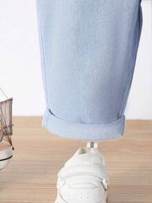 Baby Girls' Casual Loose Cone-Shaped Denim Overalls With Cute Bear Patch - Light Wash - View 3